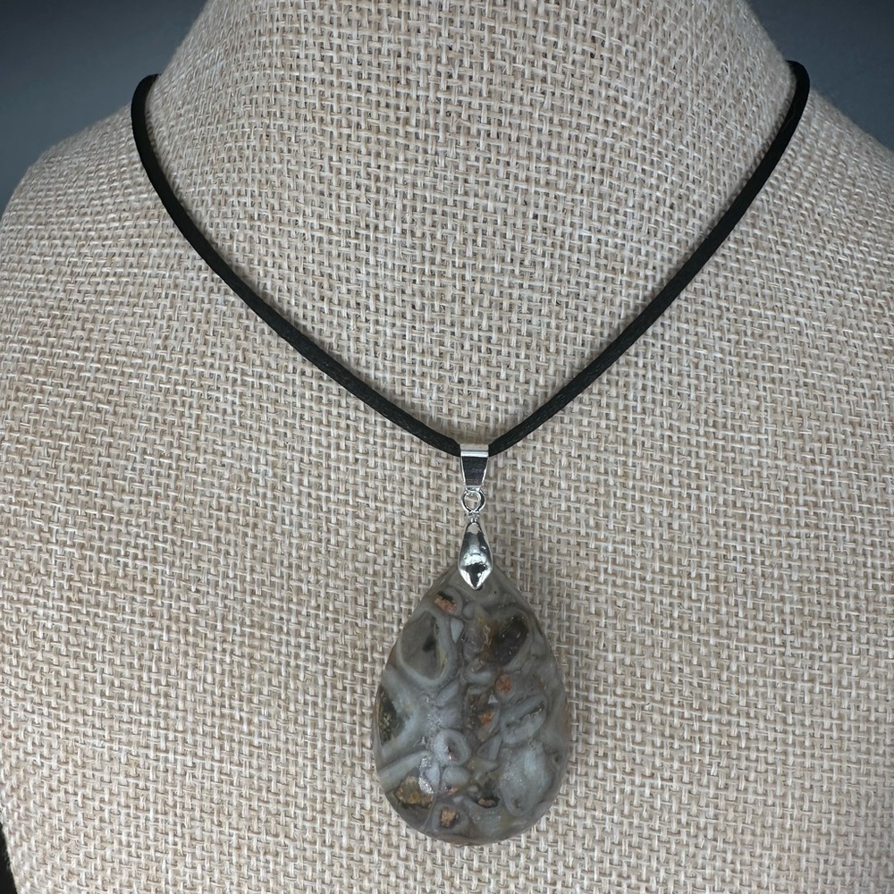 Unique Flourite Root Teardrop Pendant Necklace on Black Satin Rope Cord